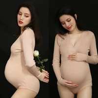 maternity nude color dress for pregnancy photography costume v neck pregnant dress women photo shoot jumpsuit baby shower