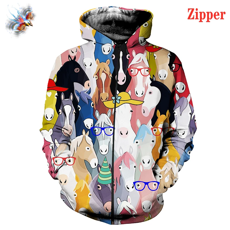 

Повседневная Женская толстовка на молнии с изображением граффити, животных, лошадей, Новая красочная Повседневная модная толстовка, улична...