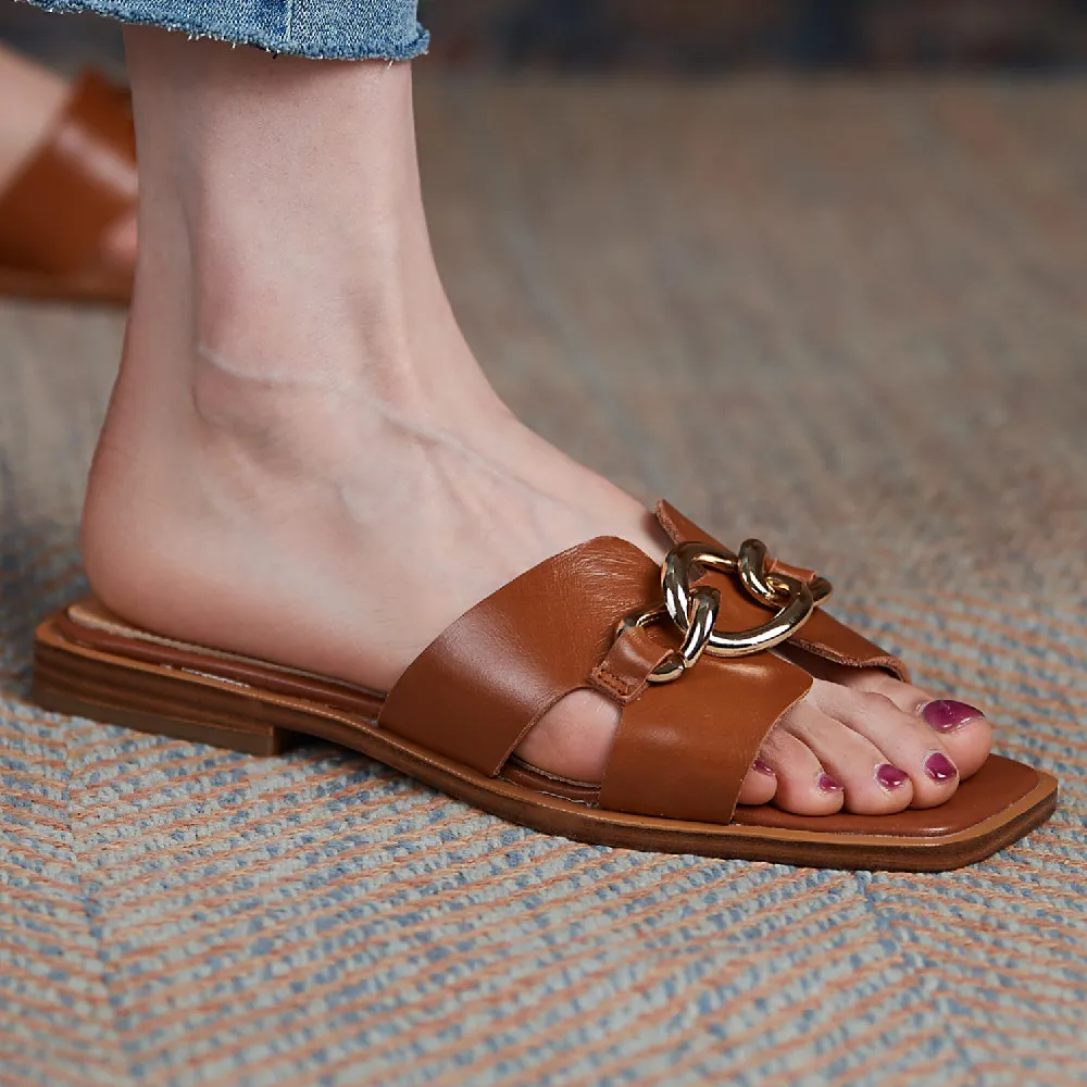 

Women's genuine leather chain decoration open toe slip-on summer casual outdoor slides leisure soft comfortable female shoes hot