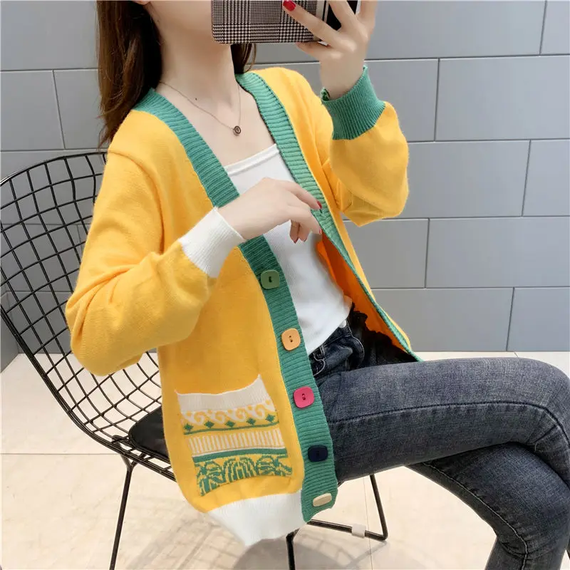 

Spring Autumn Sweater Colors Button Jacket Women's 2021 New Knit Cardigan Korean Loose Large Size All-match Outer Tops M256