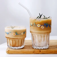 258350ml korean small daisies print glass coffee mug creative glass cup tea milk lemon juice drinking cup home drinkware latte