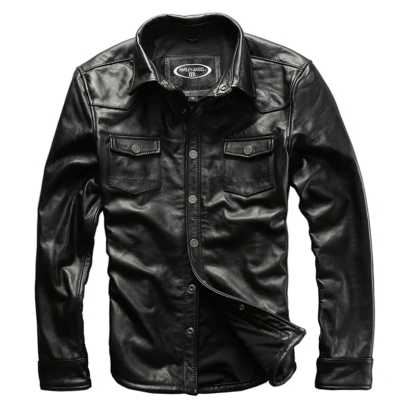 

brand 2021 fashion men's genuine leather shirt with two pockets real cow leather jacket men slim fit moto biker jacket male
