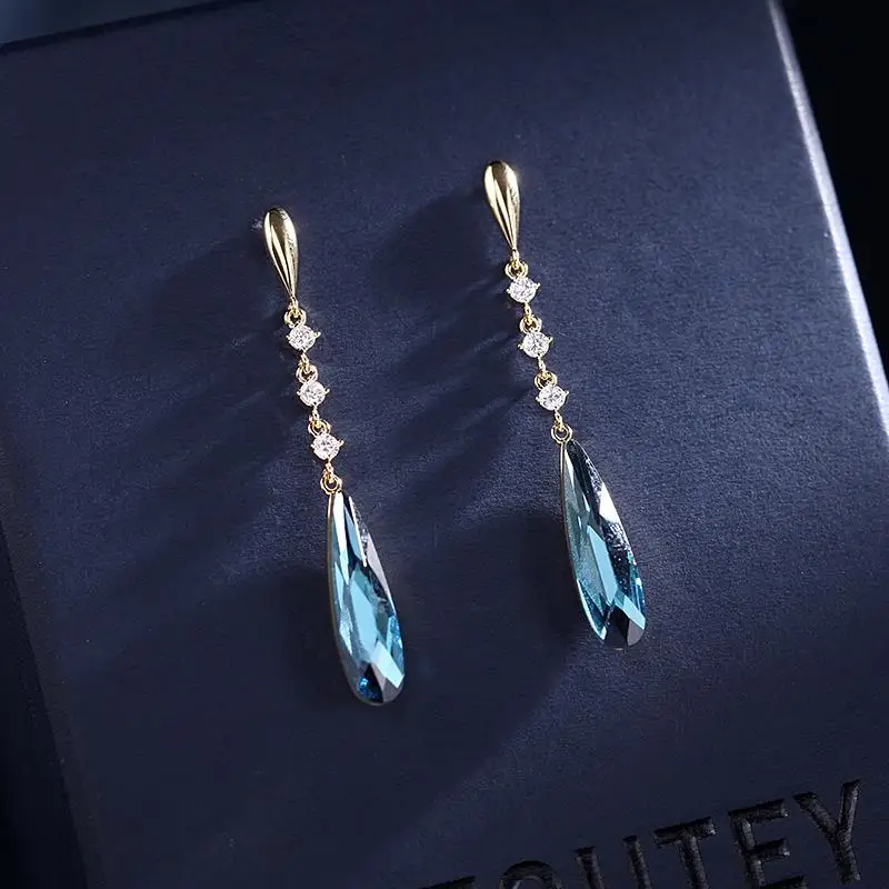

Blue Crystal fashionable new retro fashion earrings silver needle personalized medium and long water drop earrings