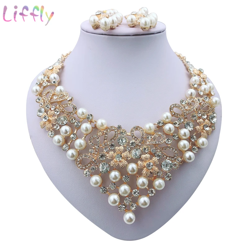 Liffly Модный комплект ювелирных изделий из Дубаи хрустальное ожерелье серьги