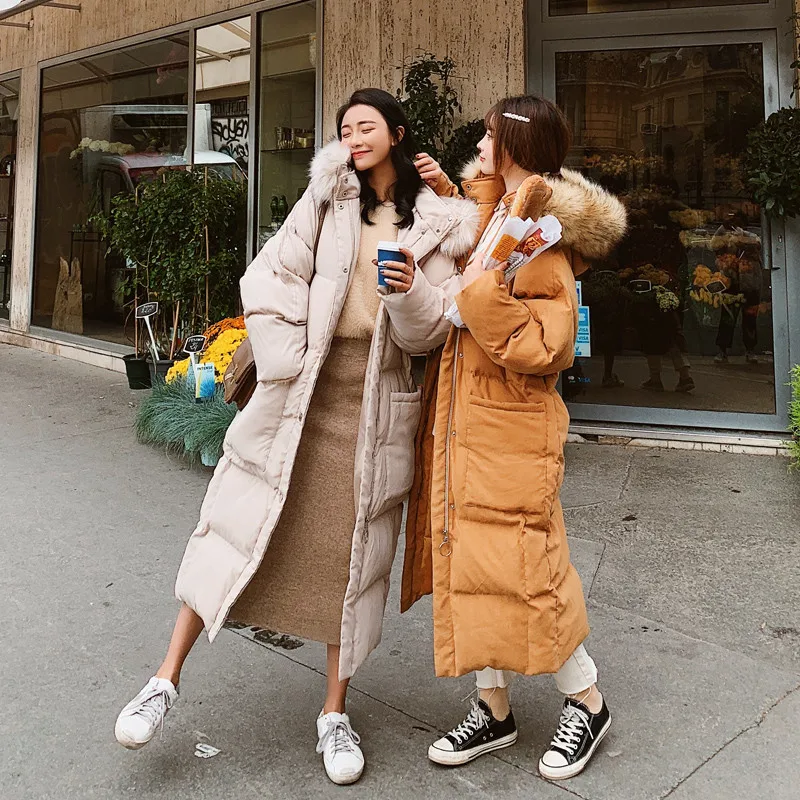 Женское длинное пальто с меховым воротником и капюшоном зимняя теплая парка