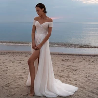 adln glitter tulle high slit wedding gown off shoulder beach wedding dresses sweep train 2022 new pleated bride dress