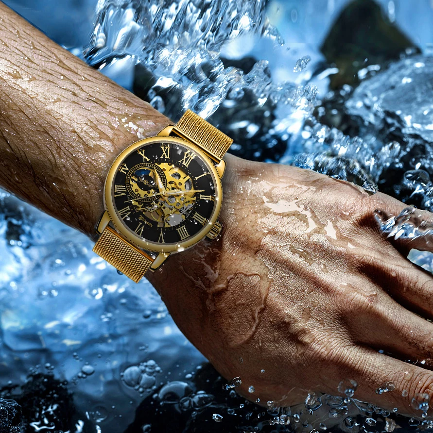 Часы наручные WINNER Мужские механические брендовые роскошные мягкие золотистые с