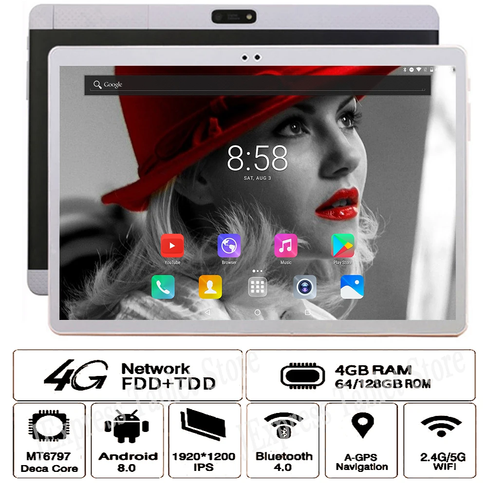 Последние 10 дюймов 4G Телефонный звонок Две сим карты Android 8 0 планшет Deca Core размер