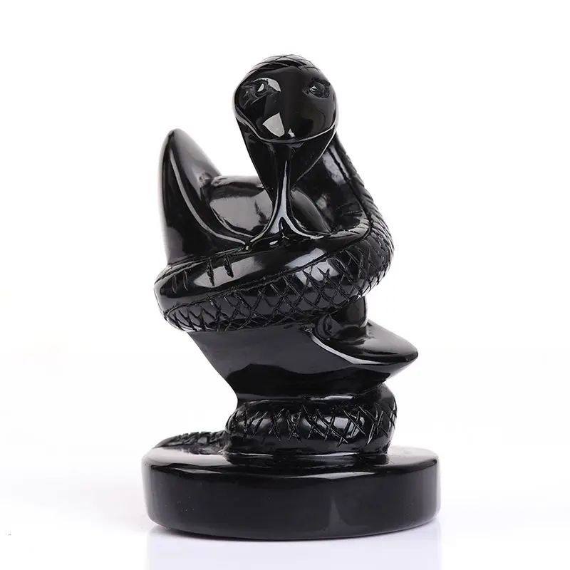 

Snake Figurine Natural Stone Black Obsidian Crystal Healing Carved Animal Statue Rock Decor
