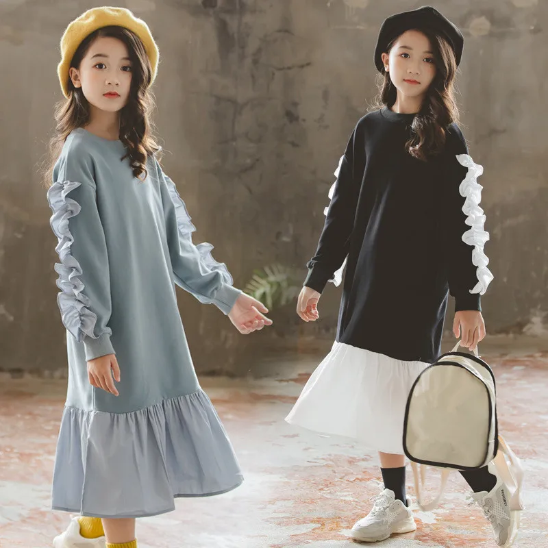 Детское платье с оборками и длинными рукавами для девочек-подростков 4-16 лет