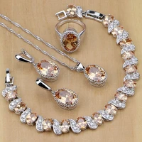 silver 925 bridal jewelry champagne zircon jewelry sets for women earringspendantnecklaceringsbracelet