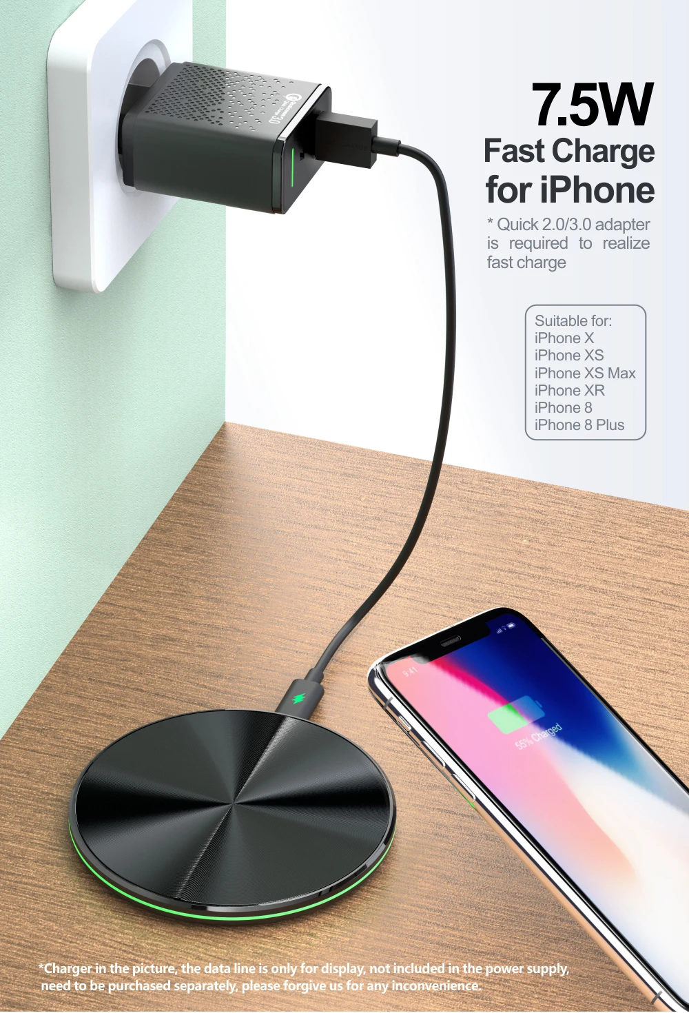 Быстрое беспроводное зарядное устройство Dpower 10 Вт для iPhone XS/X Max XR 8 Plus быстрая Беспроводная зарядная панель Qi для S8 S9 S10 Xiaomi 9 зарядное устройство