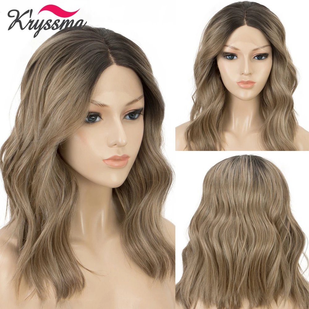 Kryssma Bob Wigs Synthetic Lace Front Wig Wavy Hair Ombre Blonde Blue Green Color 13x4 Lace Frontal Cosplay Short Wigs For Women