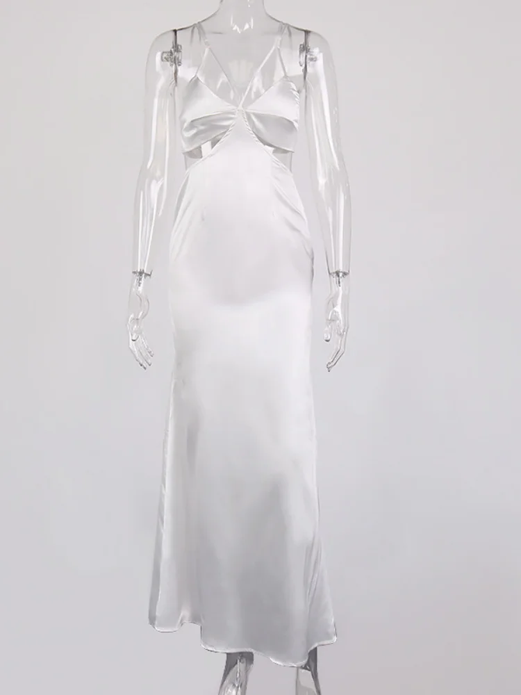 

2021 Spring and Summer Women's Holiday Beach Satin Sexy Hollow Halter Strap Fishtail Dress