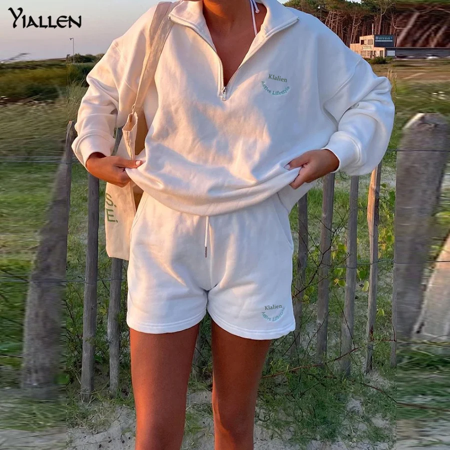 

Yiallen Casual Simple Two Piece Set Women Hipster Embroidery Zipper Long Sleeve Top+Solid Loose Female Casualwear Outfits Hot