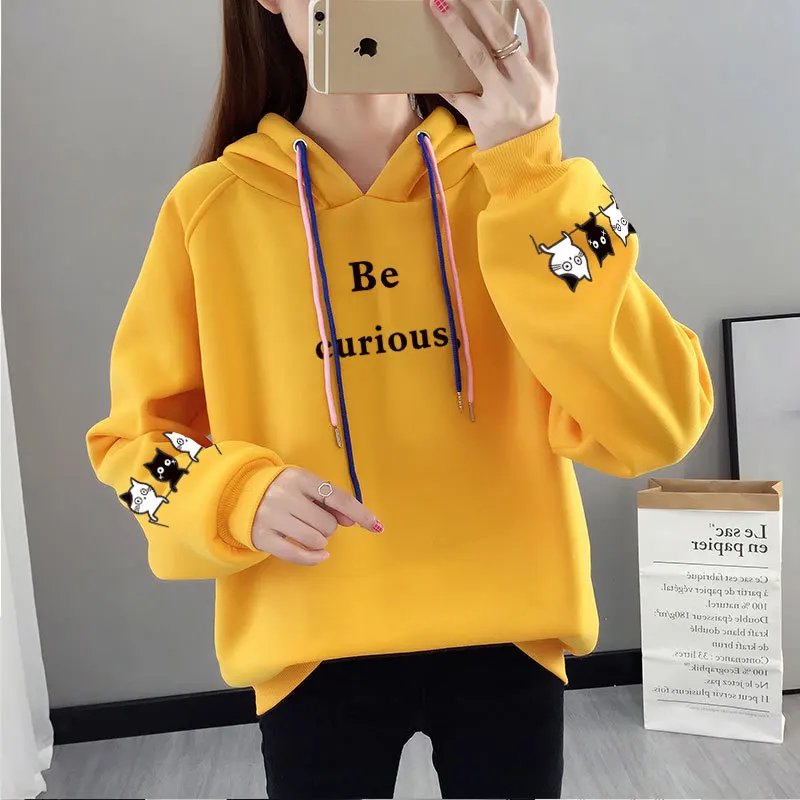 

Oversized Women Clothes Hooded Sweatshirt Cute Patchwork Pockets Pullover Tops Harajuku Cat Printed Long Sleeve Hoodies Women