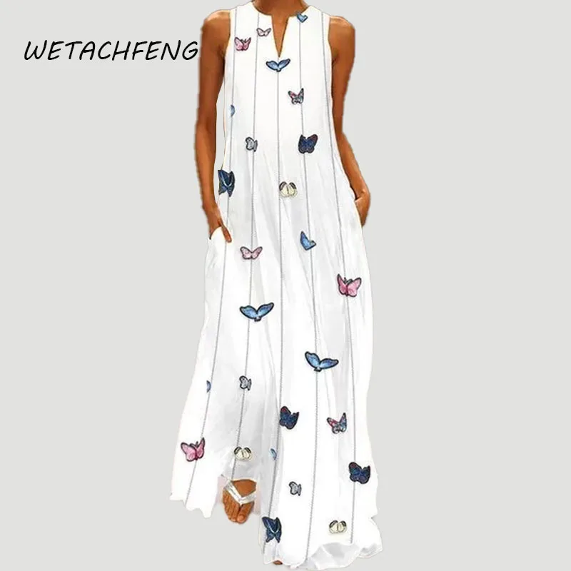 

2021 Summer White Ladies Dress Butterfly Printed V Neck Long Bohemian Beach Sundress Maxi Night Dress Plus Size Women Clothing