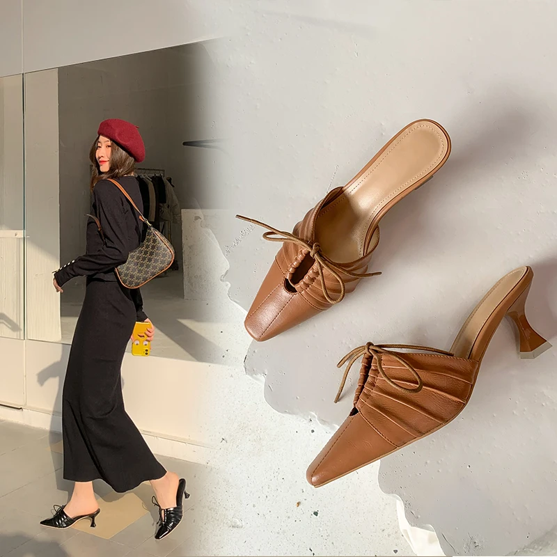 

INS HOT Women's Slippers natural leather 22-24.5cm length Women's summer shoes outdoor fashion European and American fold lace