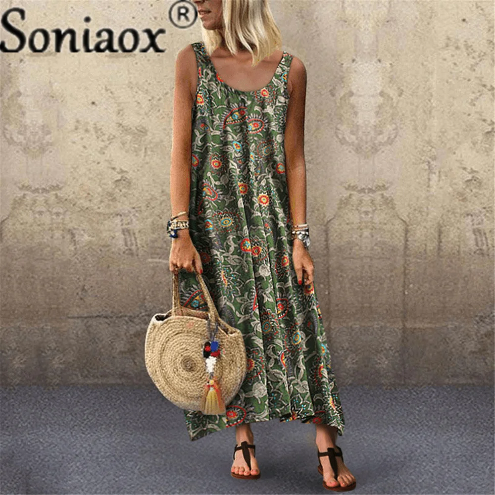 Купи 2021 Summer Fashion Bohemian Printing Women's Dress Casual Loose O Neck Mid Waist Sleeveless Ladies Beach Long Dresses за 535 рублей в магазине AliExpress