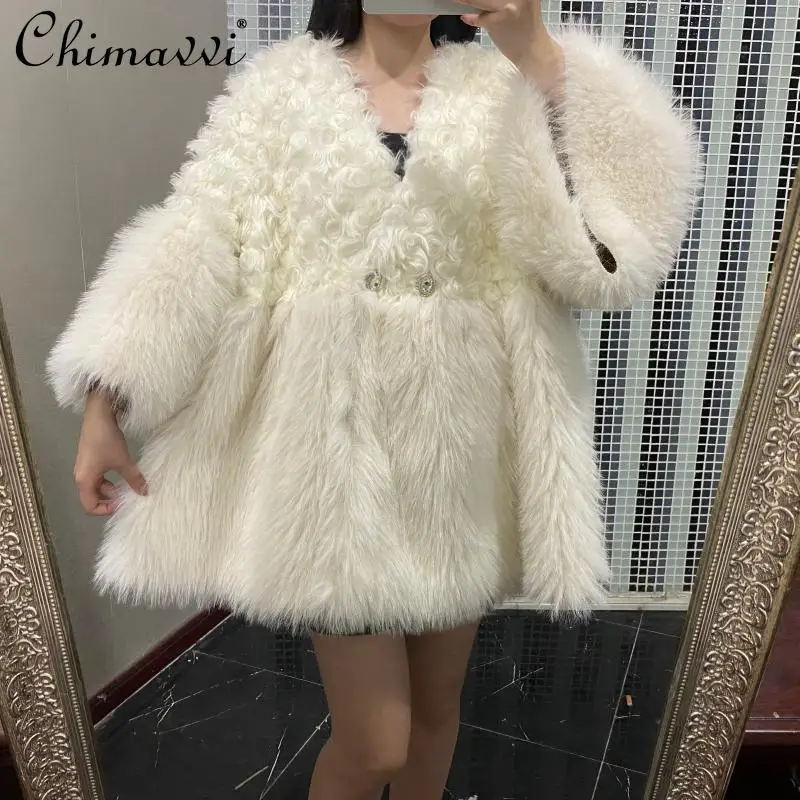 

Elegant All-matching High Street Fashion 2021 Autumn and Winter New A-line Coat Women's Mid-Length Loose Leather Fur Spliced Top