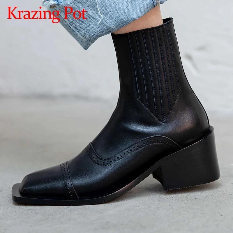 

Женские ботильоны из натуральной кожи Krazing pot, Теплые ботильоны с квадратным носком на высоком каблуке, модель L08 на зиму, 2020