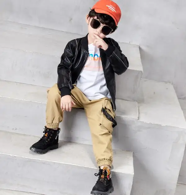 

Top Quality Spring Leather Boys Jacket And Coat Waterproof Fashion Pattern O-Neck Black Kids Blazers Jackets Free Shipping LE3