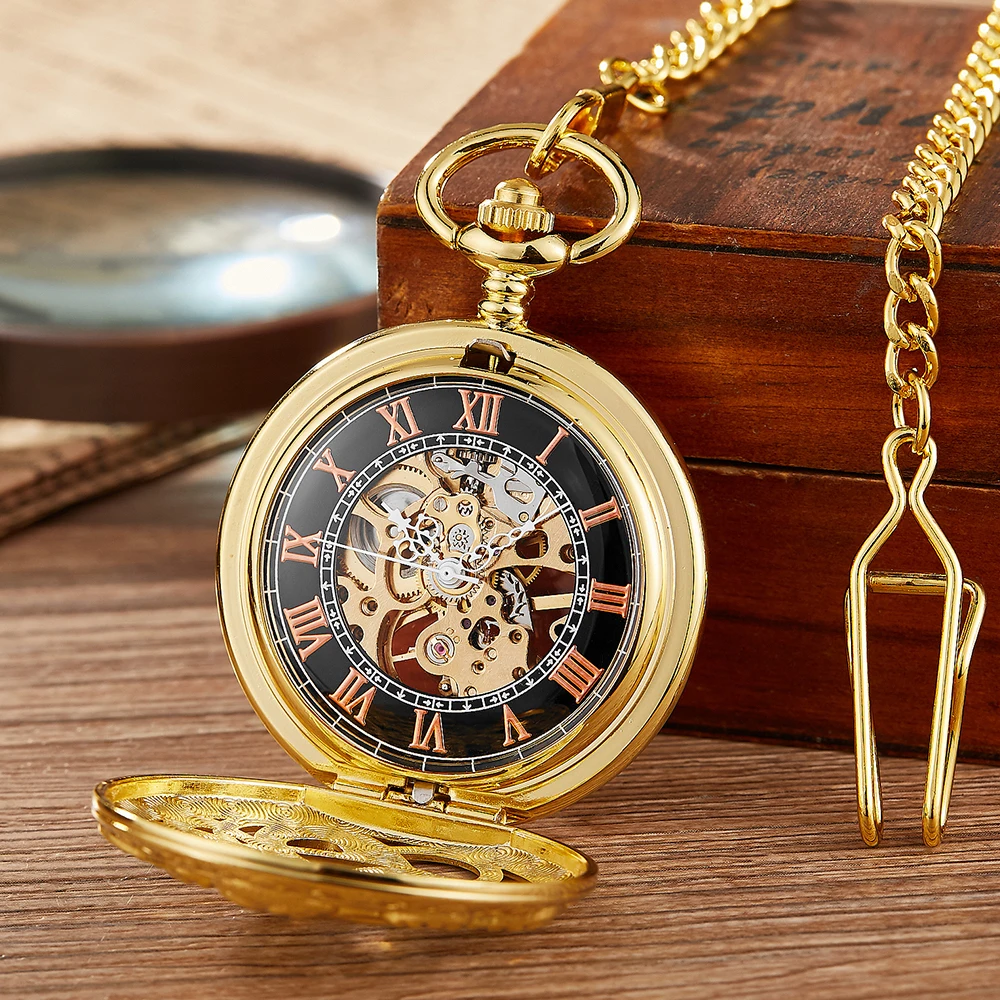 Gold Bronze Mechanical Pocket Watch Hollow Octopus Hand Wind Mechanical Watch Fob Chain Unique Skeleton Steampunk Clock reloj