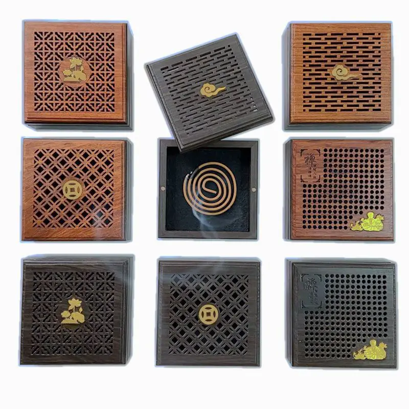 

Rosewood Square incense burner with inlaid copper indoor incense box creative antique 4-hour storage box