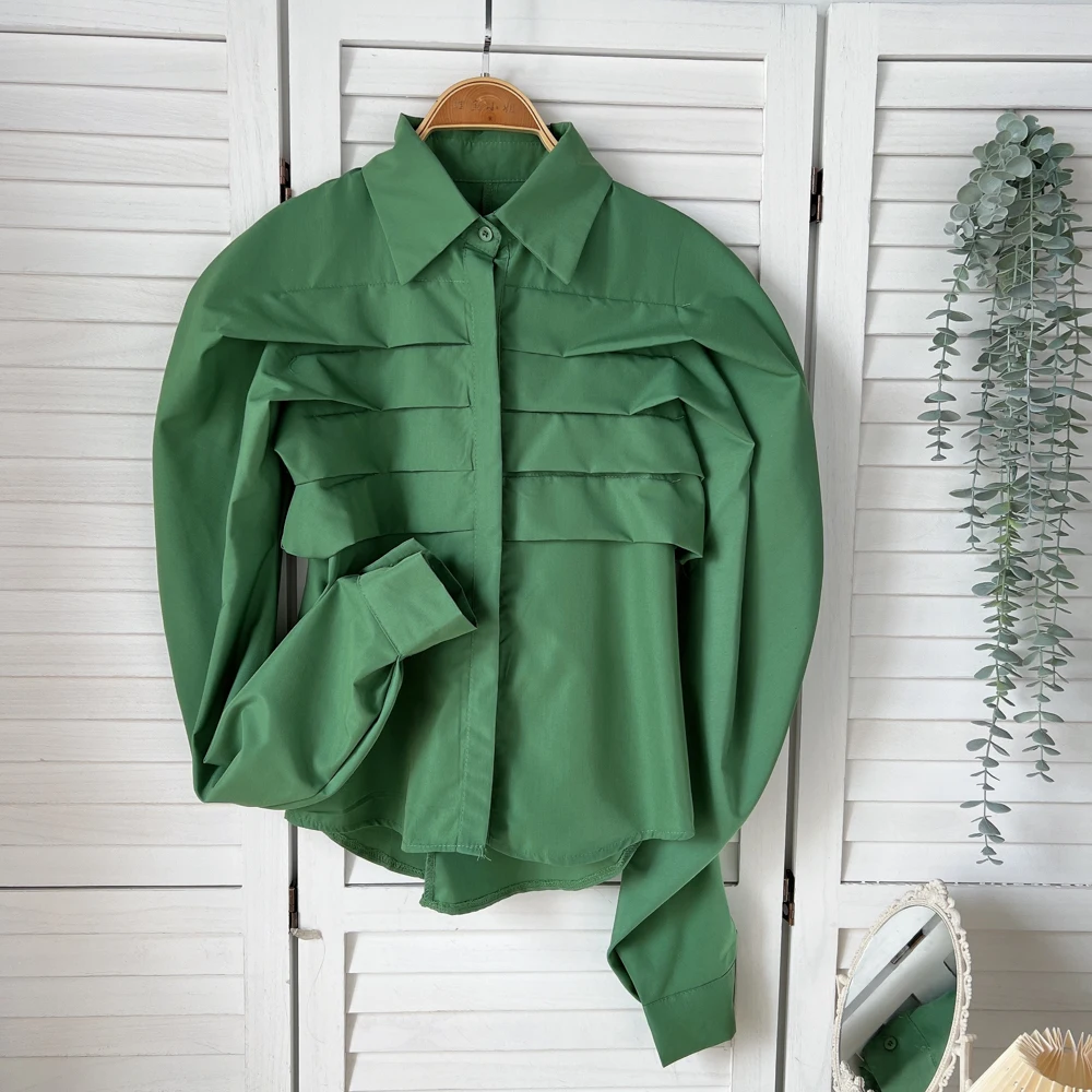 

Spring Autumn Green/Brown/White Draped Blouse Women Vintage Turn Down Collar Long Sleeve Loose Shirt Female Elegant Blusas New