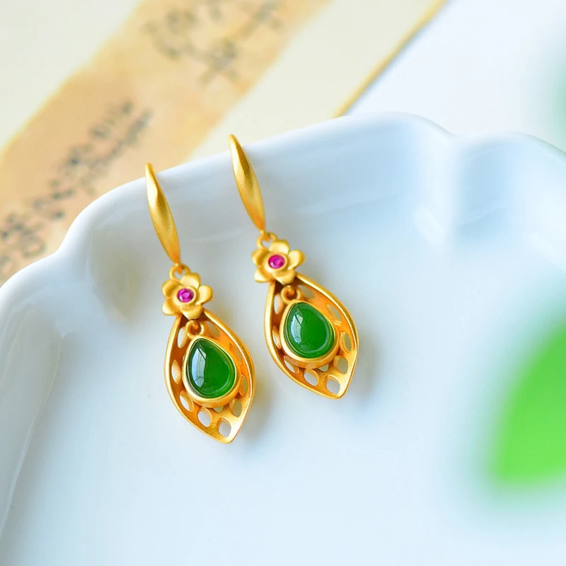 

Luxury Vintage Jewelry Geometric Flower Leaf Hollow Drop Earrings Inlay Hetian Stone Matte Gold Accessories For Women Wedding