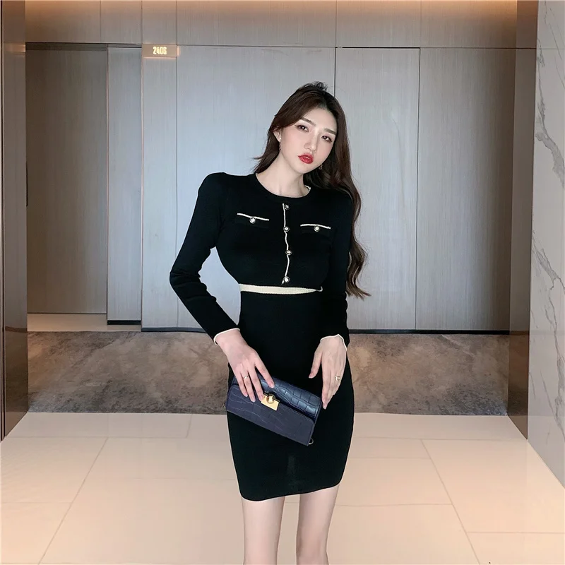 

CMAZ Dress For WomenHong Kong Style Korean Style Color Matching Cinched Mid-Length Dress 2021 Autumn New French Knitted Sheath