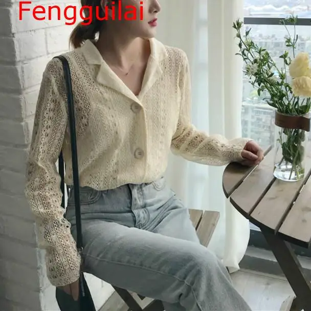 Женская кружевная блузка Fengguilai осенняя ажурная рубашка с длинным рукавом и