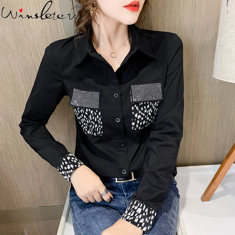 

Женская блузка на пуговицах, элегантная офисная блузка в европейском стиле с блестящими бриллиантами и карманами, T15016A, весна-осень