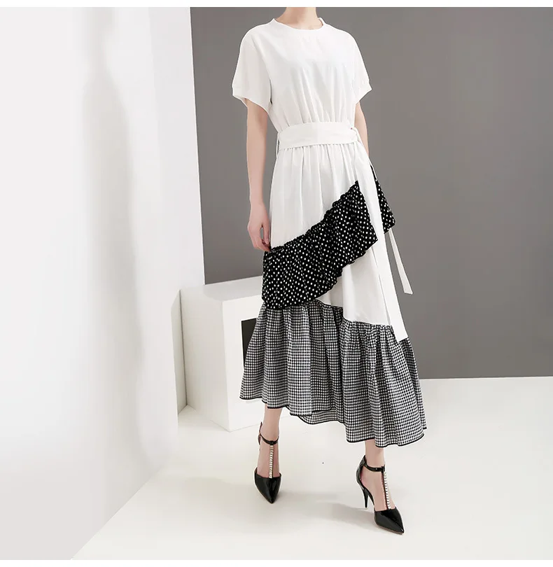 [EAM] New Spring Summer Round Neck Short Sleeve Hem Dot Irregular Plaid Printed Loose Dress Women Fashion Tide JT0880
