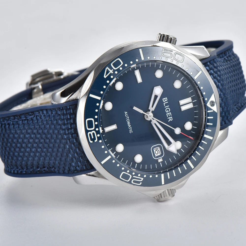 BLIGER41MM мужские спортивные часы с синим циферблатом синий ободок светящиеся