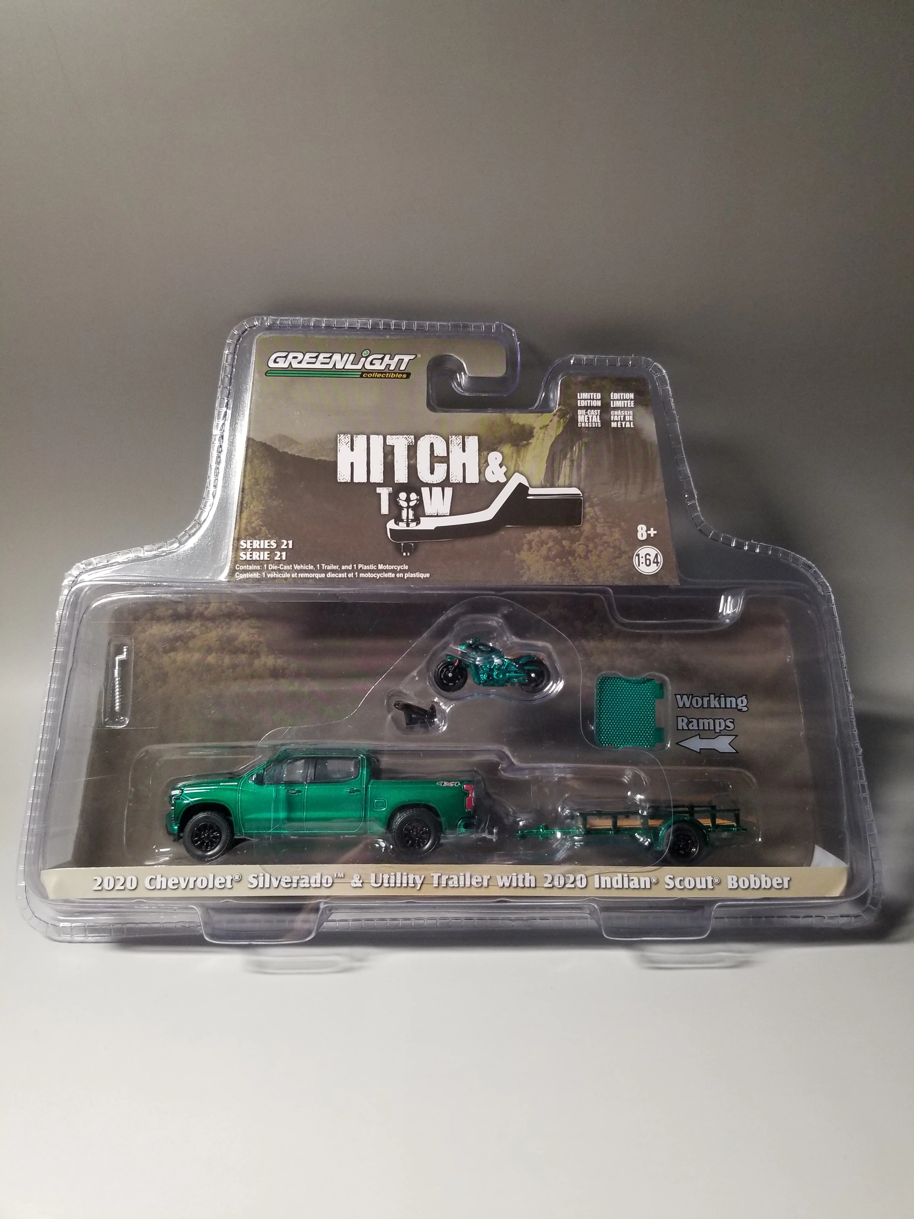 

Greenlight 1/64 2020 Chevrolet Silverado & Utility Trailer with 2020 Indian Scout Bobber 32210-D Die Cast Model Car Collection