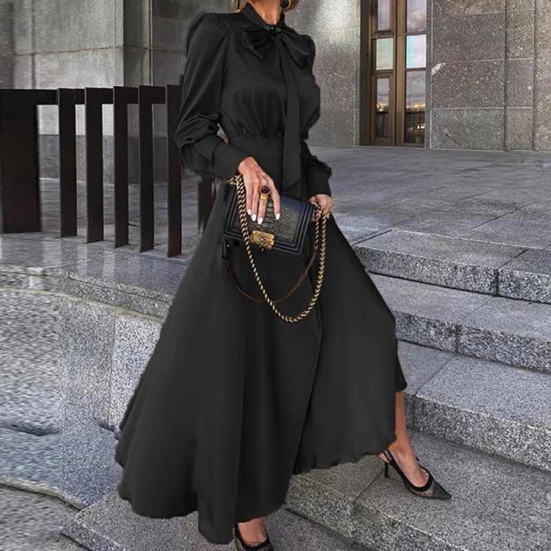 

Office Lady Elegant Bowknot Collar Pleated Dress Women Autumn Long Sleeve Hem A-Line Dress Solid Color Loose Long Dress Vestidos