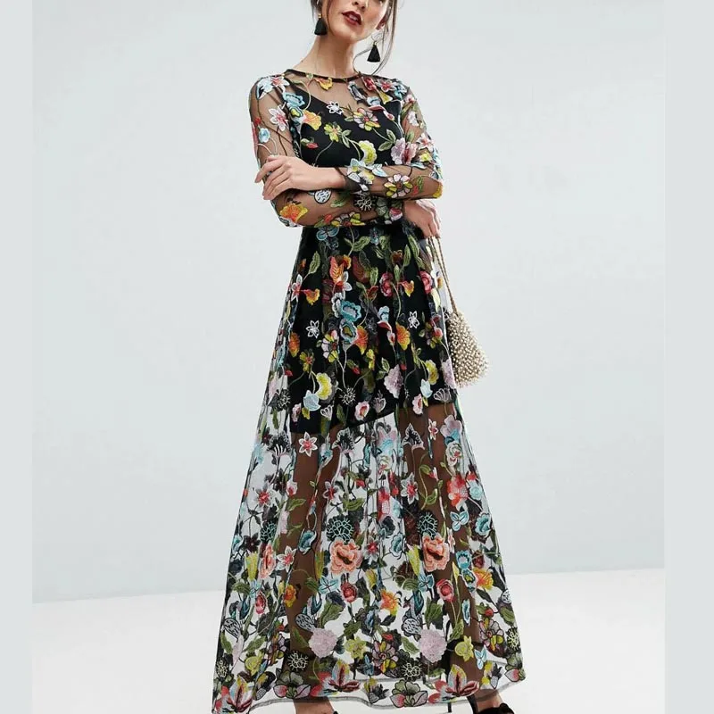 Yuqung женские платья с цветочной вышивкой Сетчатое прозрачное длинное платье