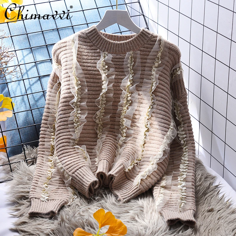 

Женский свободный свитер с круглым вырезом, Повседневный пуловер в стиле ретро, утепленный джемпер большого размера в Корейском стиле, Осен...