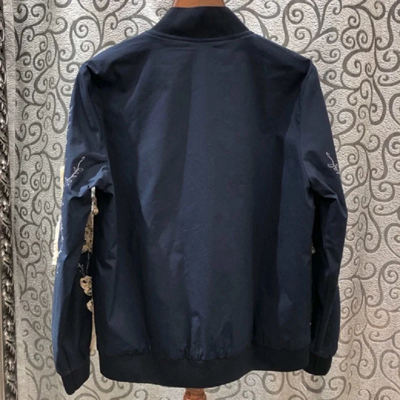 

High Quality Cotton Jacket 2020 Spring Casual Bomber Jacket Women Appliques Lace Sequined Embroidery Long Sleeve Dark Blue Coats