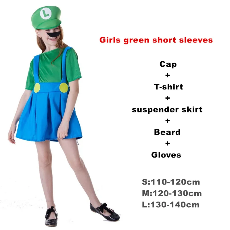 Girl green short Взрослый Хэллоуин Супер Марио Детский костюм косплей семья Funy Luigi Bros сантехник Пурим костюм нарядное платье Рождественские Вечерние - Цвет: Girl green short