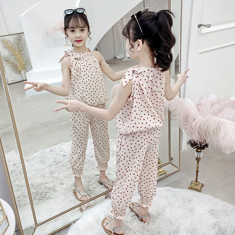 

Детская одежда, летний комплект одежды для девочек, топ без рукавов в горошек + брюки, одежда для маленьких девочек, детская одежда, костюм из...