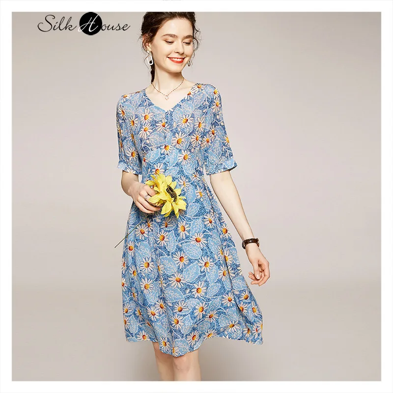 

Женское шелковое платье-трапеция, элегантное Элегантное Шелковое Платье с V-образным вырезом, новинка 2020