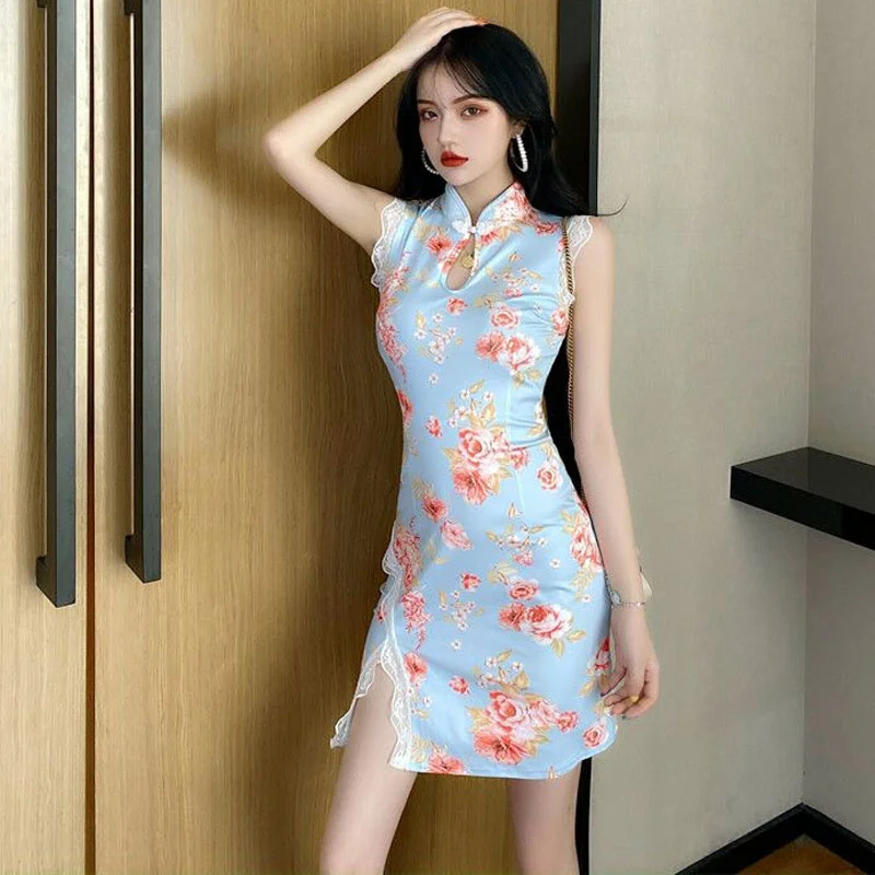 

Internet Celebrity Sexy Print Lace Trim Dress Slim Retro Improved Cheongsam Sheath Split Skirt