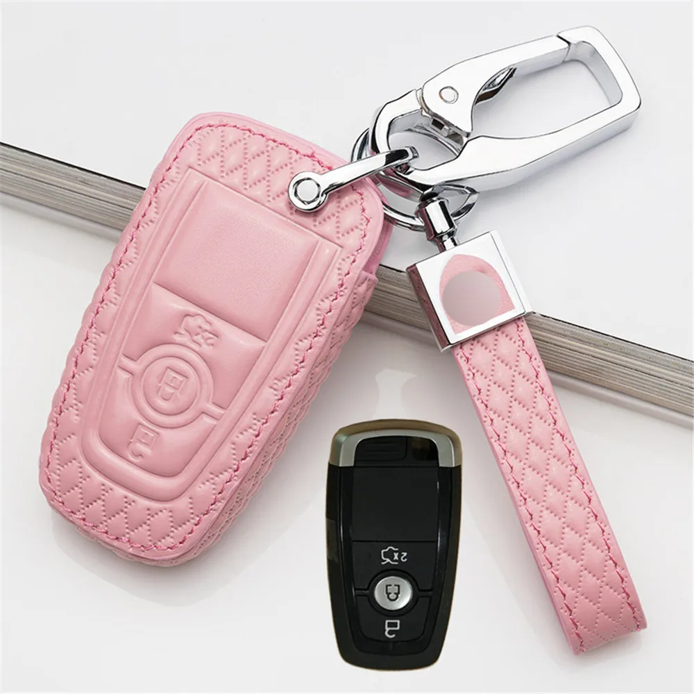 

Leather Car Remote Key Smart Fob Case Shell Cover Holder Keychain For Ford Fusion Mustang Explorer F-150 F-250 F-350 2017 2018