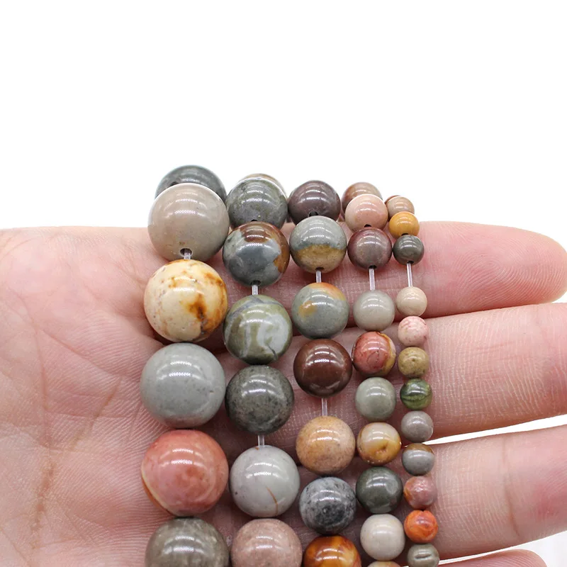 6mm 8mm 10 12mm Natural Ocean Stone Round Loose Beads orbicular granite riverstone beads For Jewelry Making Diy Bracelet earring | Украшения