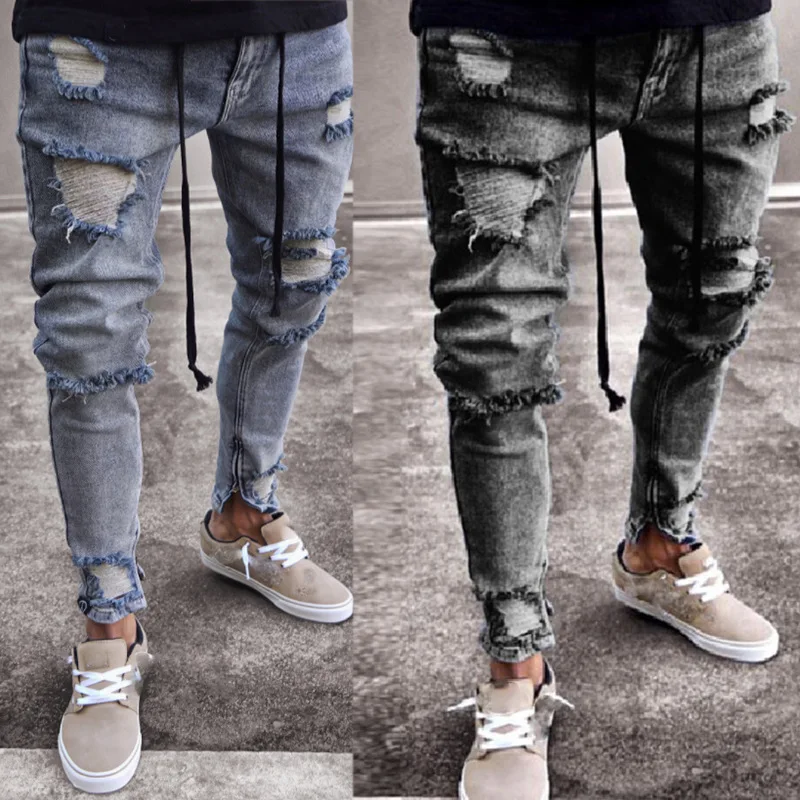 

2020 New Fashion Slim Pencil Pants Sexy Casual Hole Ripped Design Streetwear Mens Solid Color Jeans