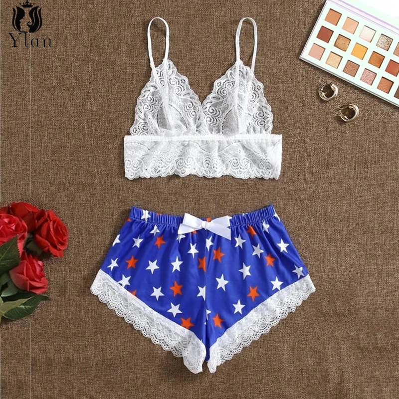 

2021 New Women's Lace Sleepwear Short Pajamas Set Ladies Sexy Lingerie Female 2pc Pajama Transparent Top+Shorts Panties Homewear
