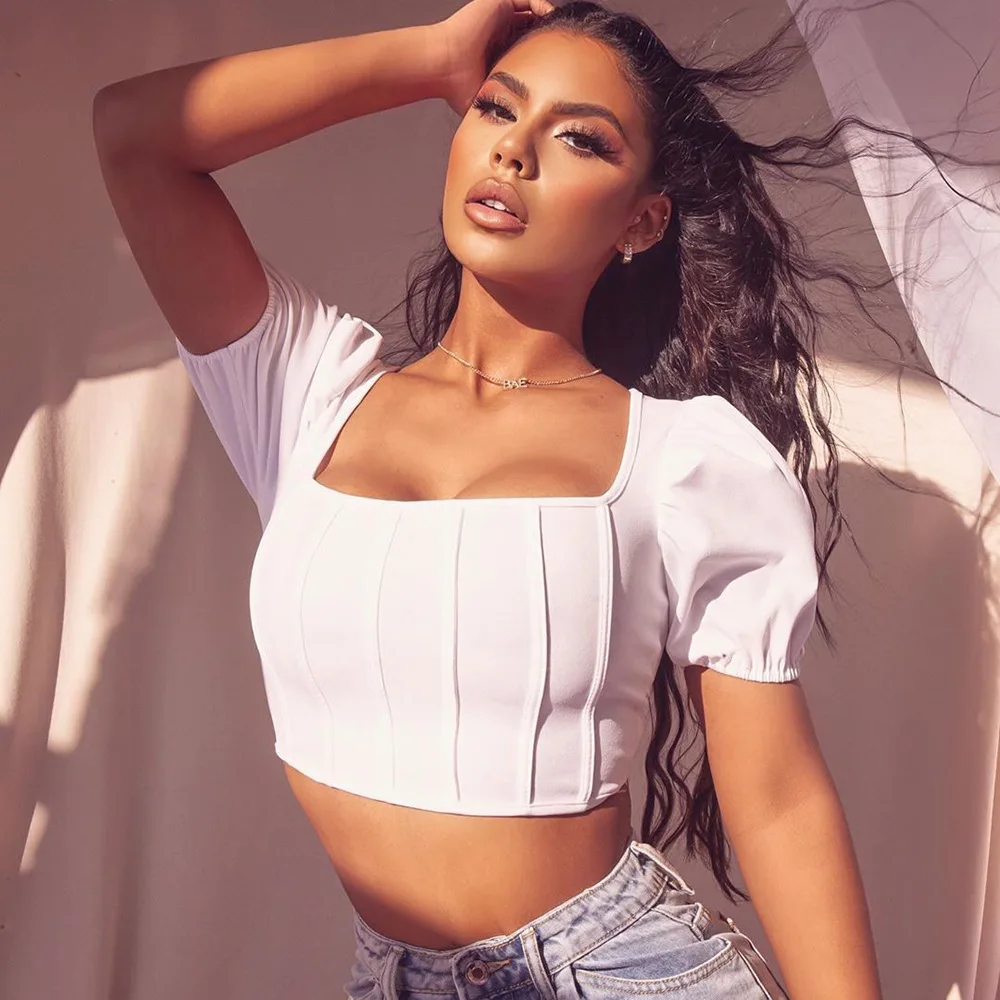 

Women's Cropped T-Shirt Low Cut Blouse Female Summer Puff Sleeve Pleated Stripes Square Neck Cropped Top Tank Tops For Women