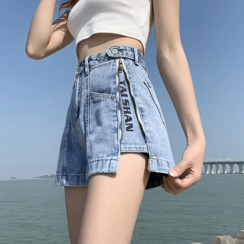 

Summer Cotton Loose Slim Denim Women Shorts Jeans Letter Zipper Female Style Wide Leg Hot High Waist Short Pants